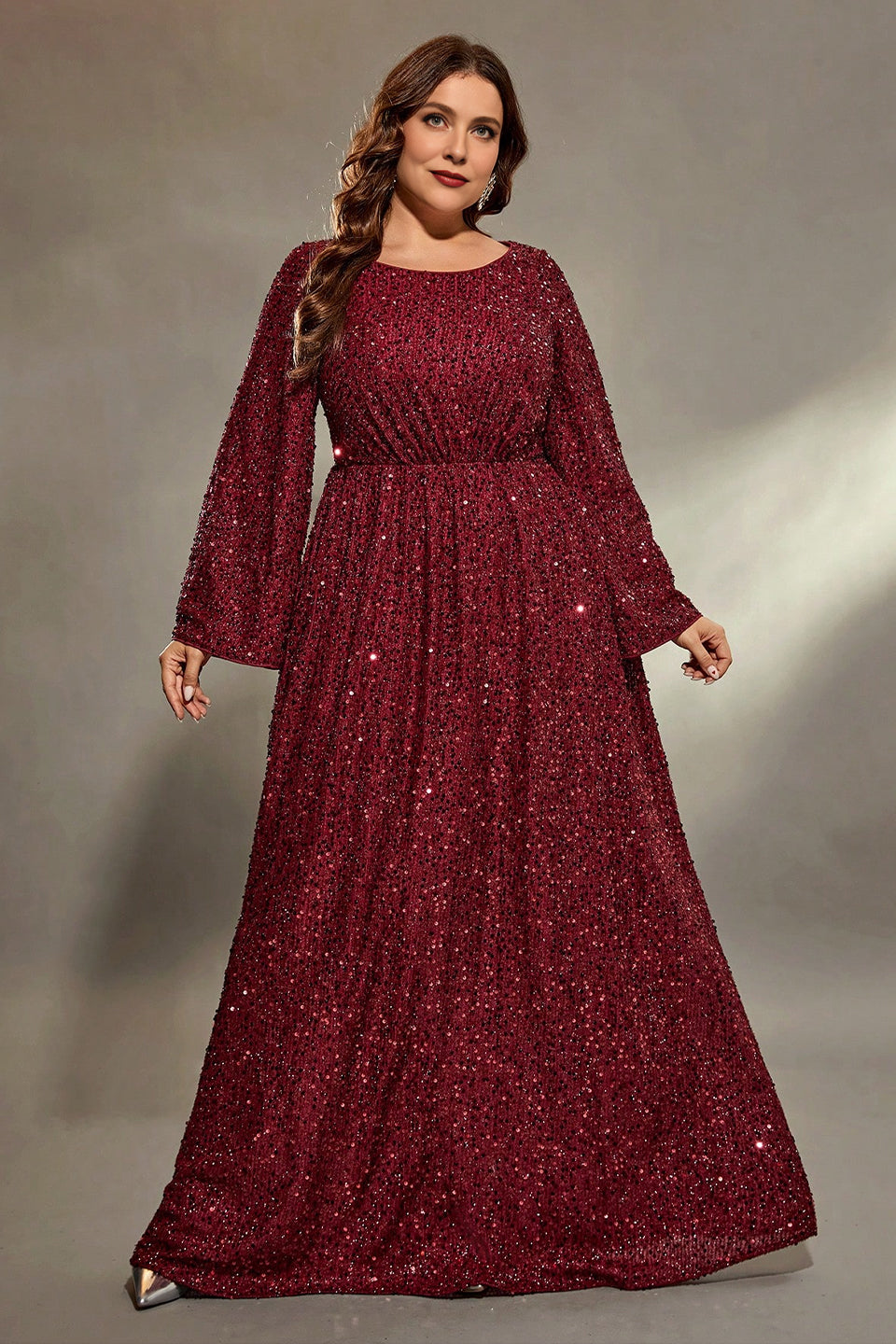 Curveins Plus Size Round Neck Long Sleeve Sequin Maxi Dress with Cinched Waist