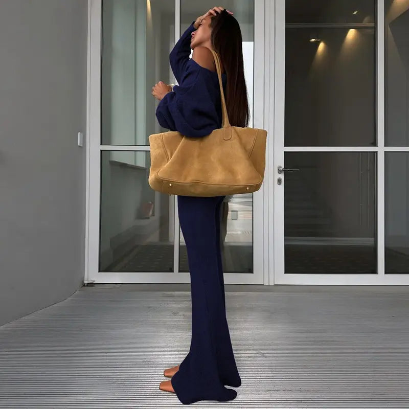 Women's Solid Asymmetrical Neck Top & Flare Leg Pants Set, Casual Drop Shoulder Long Sleeve Top & Trousers, Women's Fall & Winter Clothes for Daily Wear
