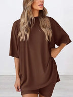Women's Solid Color T-Shirt and Tight Shorts Set, Casual Summer Comfort Round Neck Sleepwear, Pocket Design, Outdoor Wear