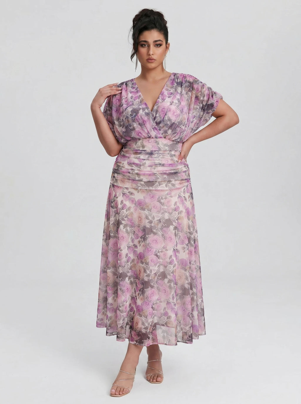 Curveins Plus Size V Neck Puff Sleeve Waist Defining Floral Print Elegant Maxi Dress
