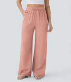 Casual High-Waisted Linen Trousers with Drawstring and Wide Pockets