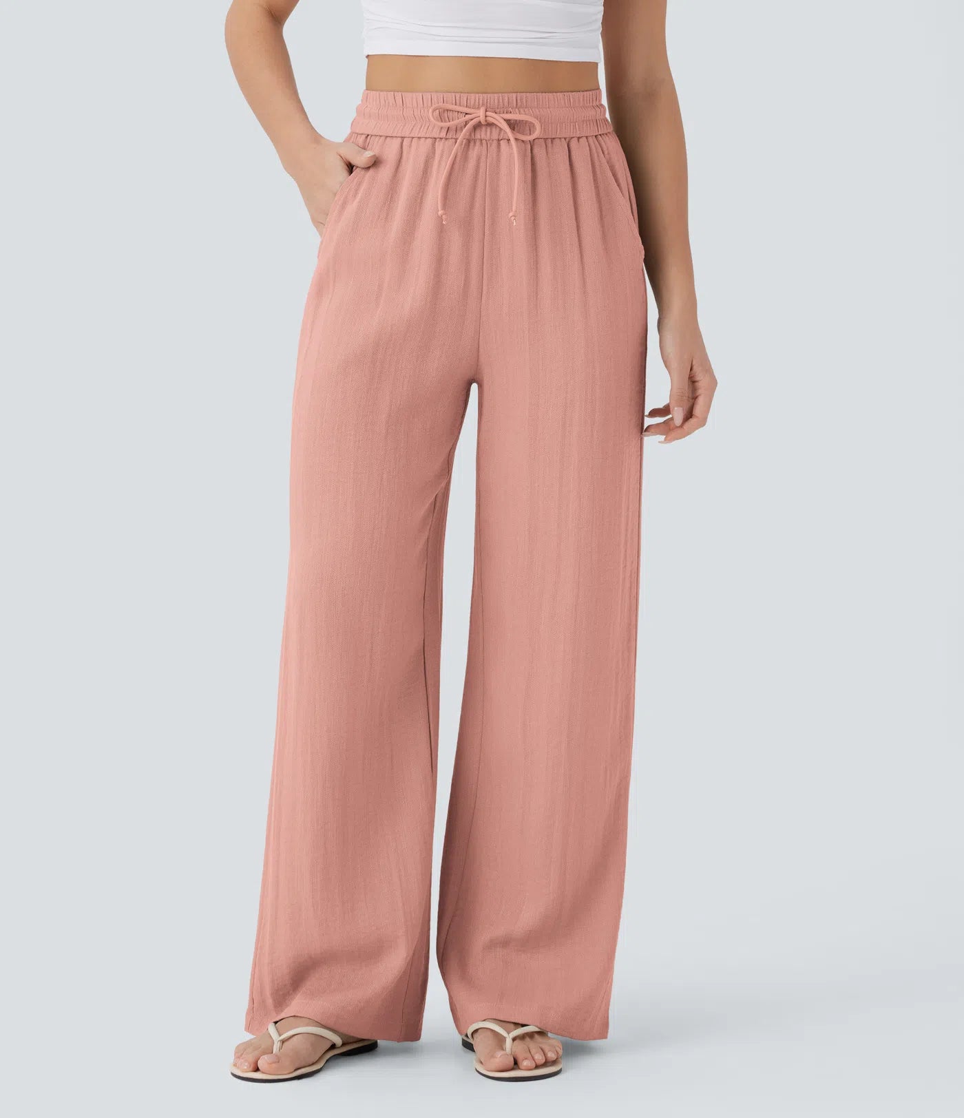 Casual High-Waisted Linen Trousers with Drawstring and Wide Pockets