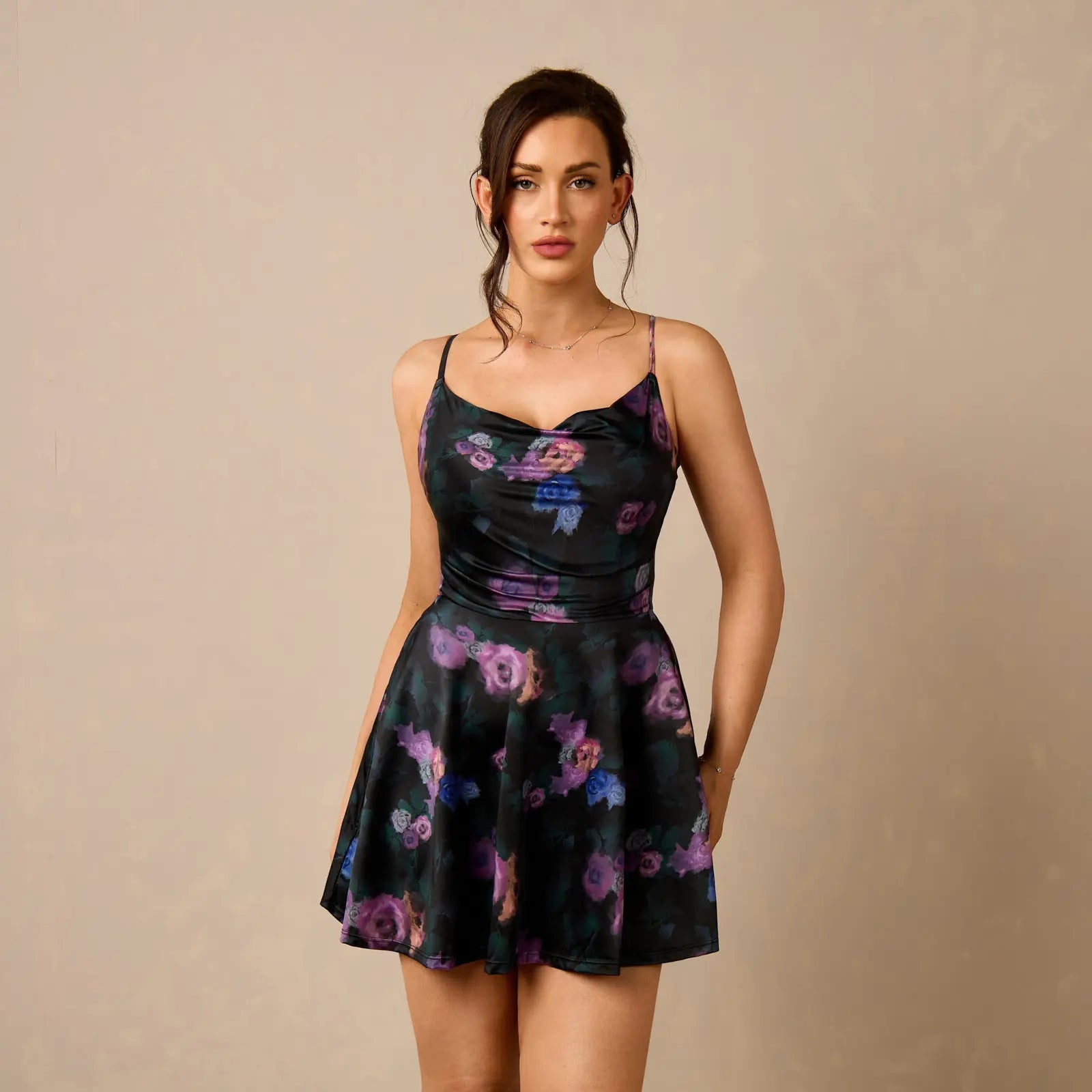 Women's Sleeveless Satin Mini Dress with Built-in Shapewear – Sexy Square Neck, Tummy Control