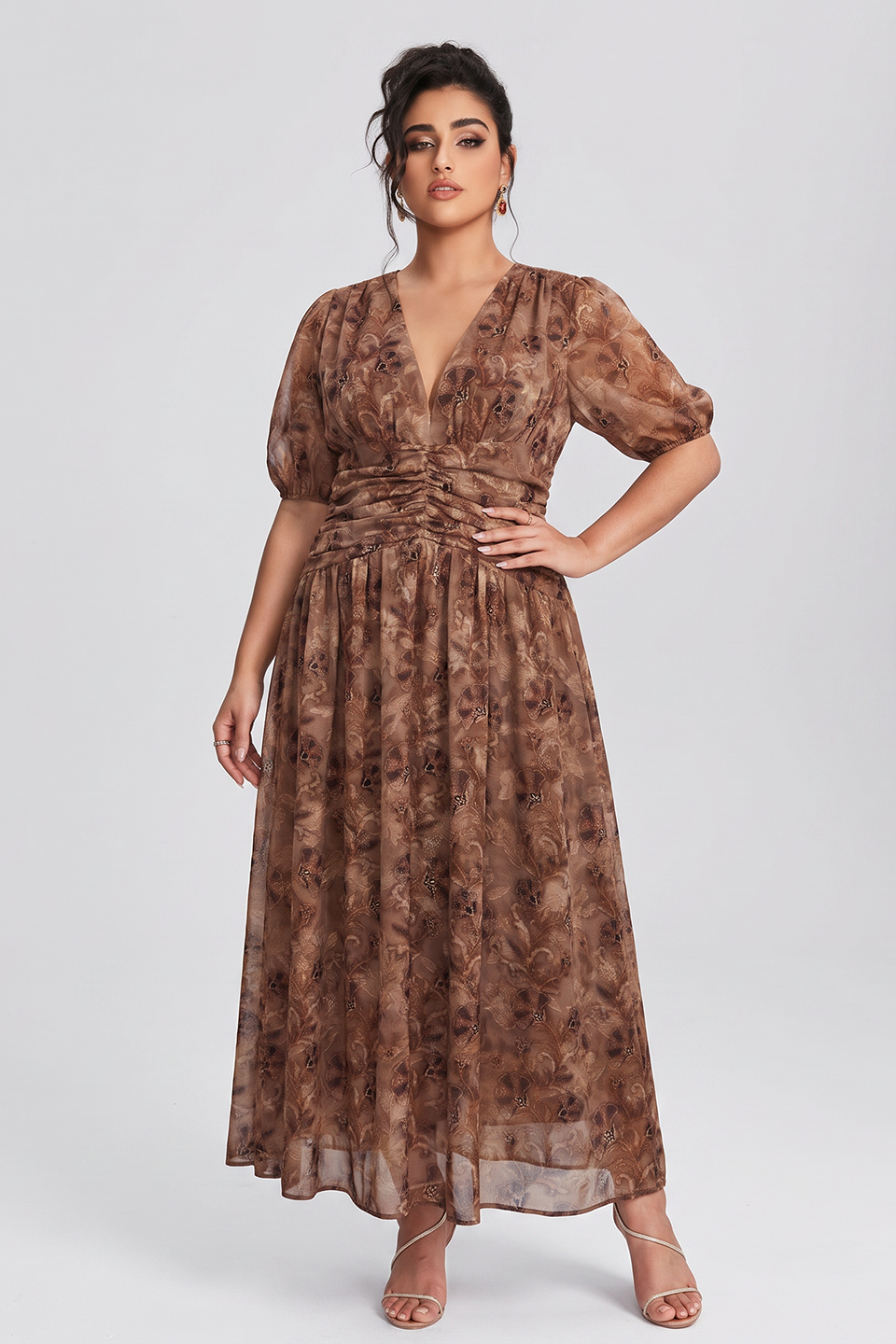 Curveins Plus Size V Neck Short Sleeve Floral Ruched Waist Flowy Elegant Maxi Dress