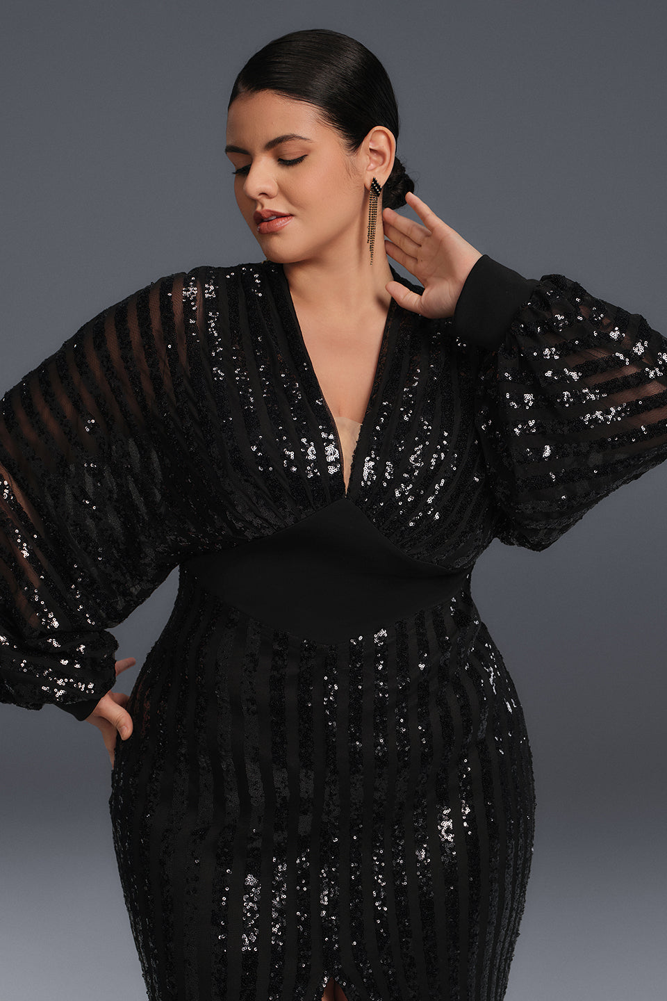 Curveins Plus Size V Neck Sequins Lantern Sleeve Slit Mesh Dress