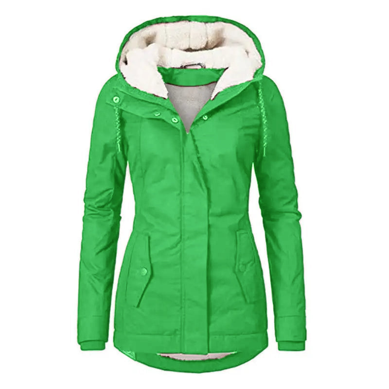 Winter Thickened Cotton Parka with Fleece Lining Hooded Warm Coat Mid-Length Women's Fitted Long Sleeve Outerwear Black Imitation Fur Tops for Casual Basic Minimalist Womenswear Elegance Style - Jackets