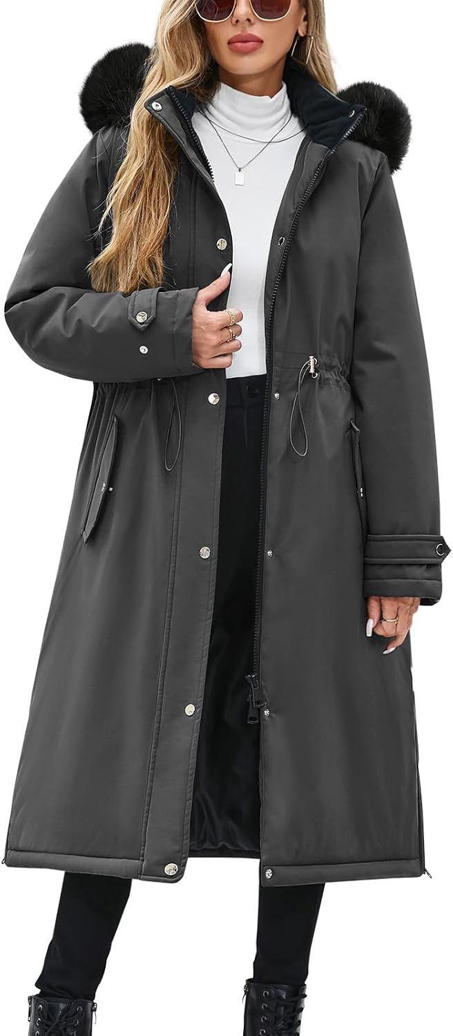 Women's Long Coats Winter Fleece Lined Warm Long Jackets for Women, Water Repellent Windproof Parka Coat Zip Up Button Drawstring Waist Overcoat with Pockets and Detachable Hood