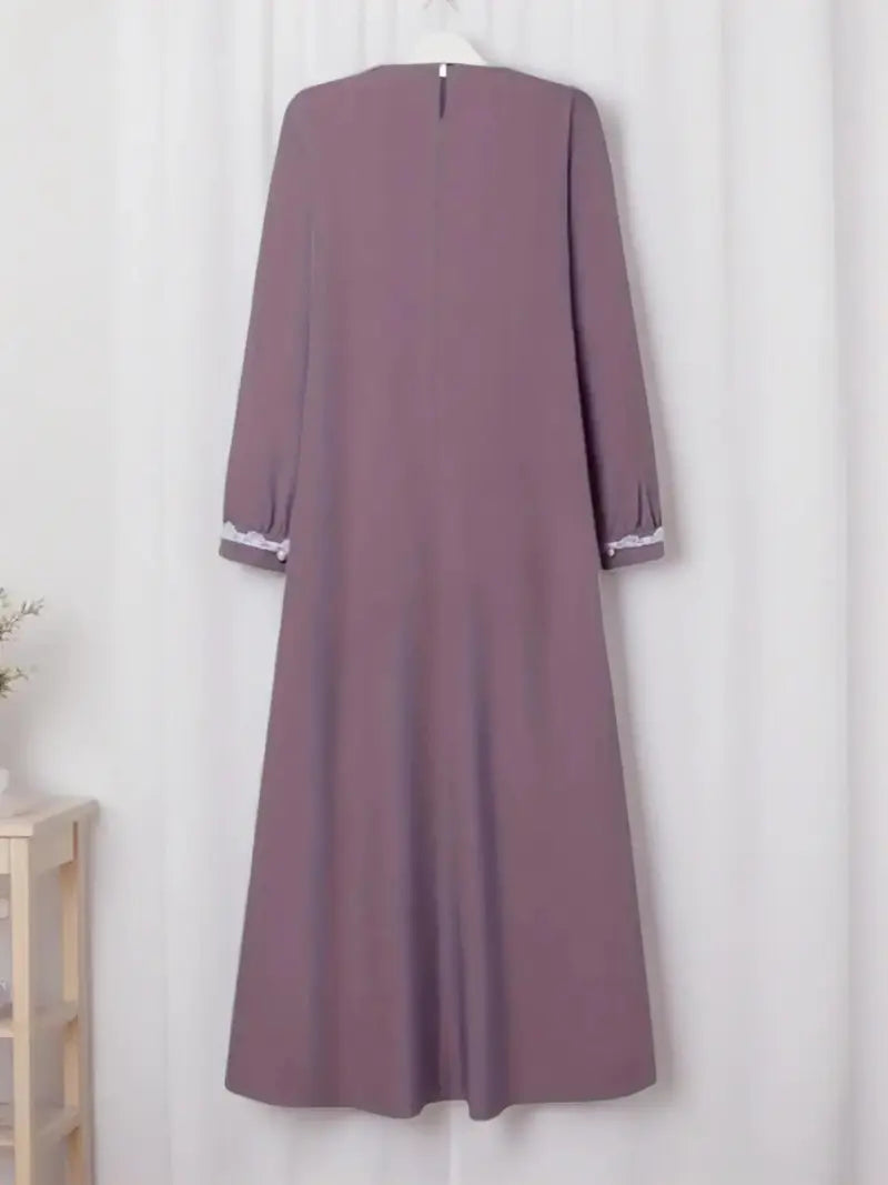 Women's Fashion Long Sleeve Round Neck Solid Color Casual Dress, Elegant Lace Trim Robe Style, Perfect for Daily Wear & Special Occasions