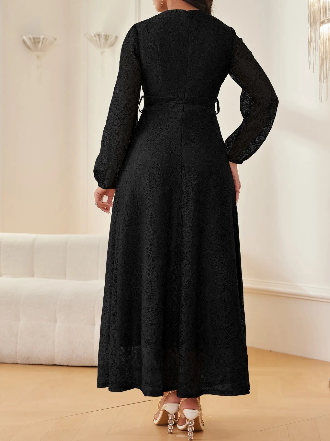 Women's Lace V-Neck Long Sleeve Dress, Elegant Chic Belted Waist, Slim Fit, Plain Color, Wedding Evening Formal Occasion, Spring & Fall
