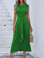 Women's Sleeveless Round Neck Plain Dress, Slimming Front Design, Waist Cinched A-Line, Perfect for Casual Commuting