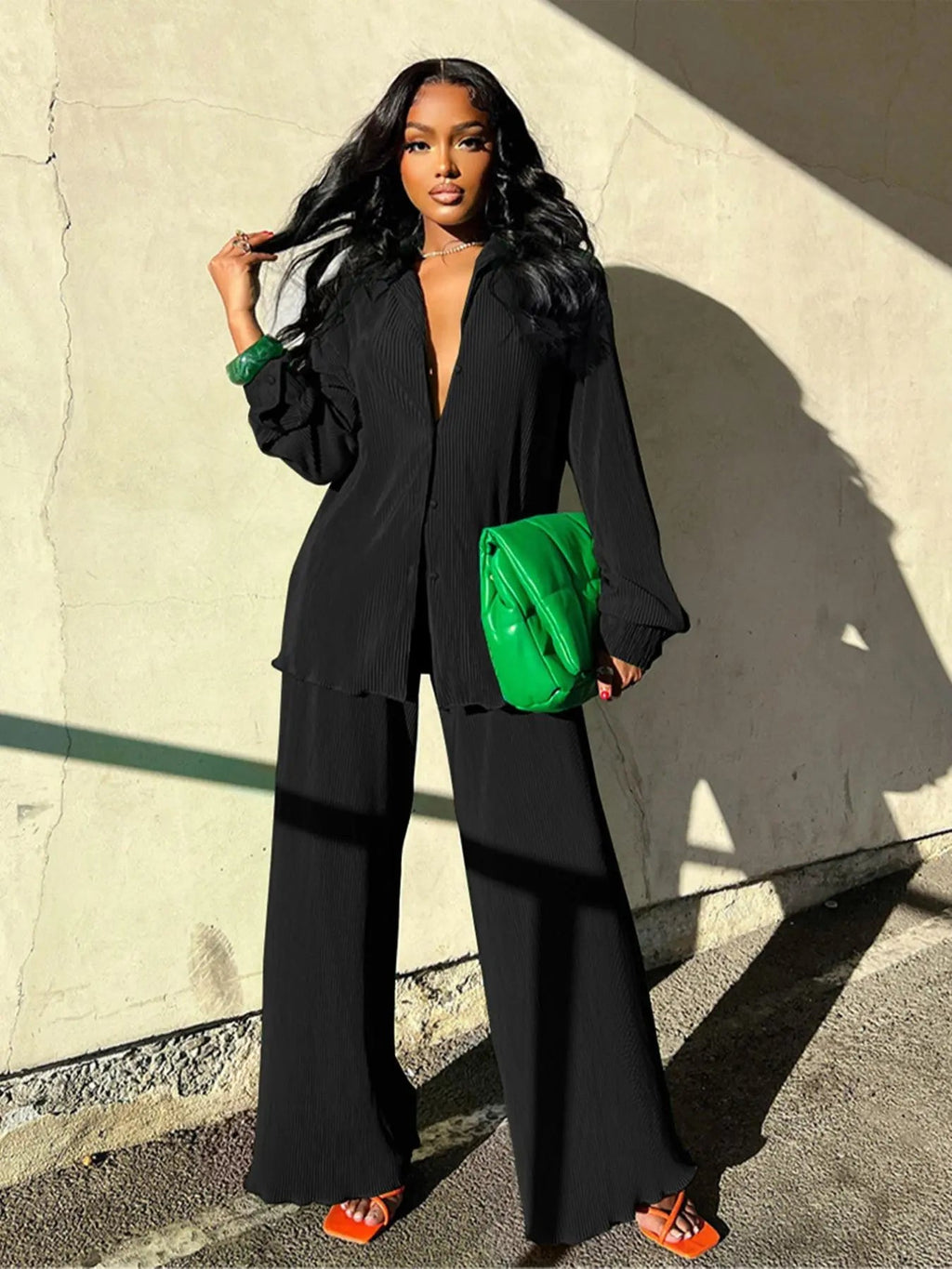 Women's Solid Button Front Shirt & Elastic Waist Pants Two-piece Set