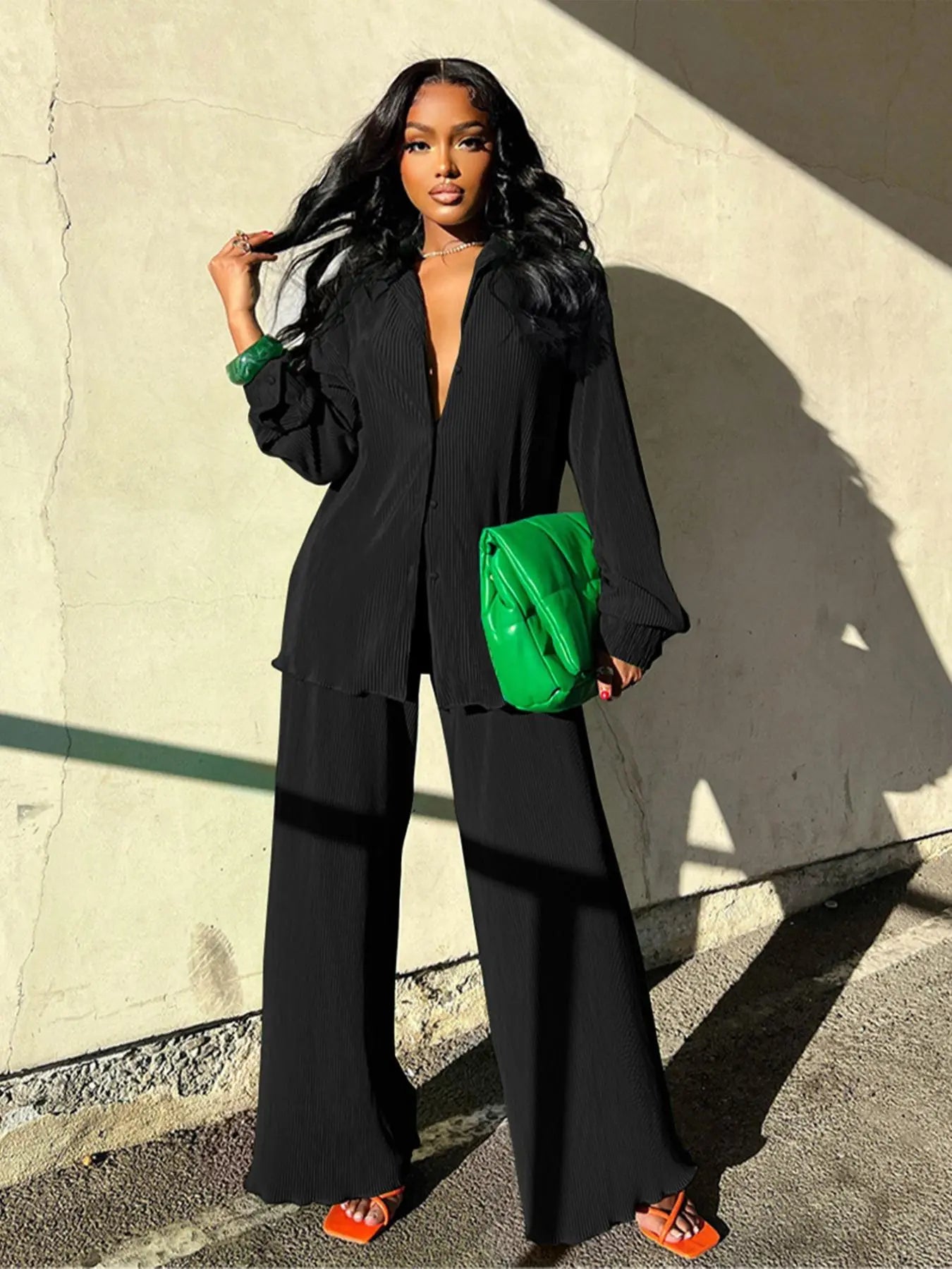 Women's Solid Button Front Shirt & Elastic Waist Pants Two-piece Set