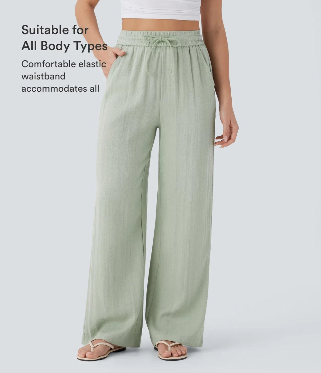 Casual High-Waisted Linen Trousers with Drawstring and Wide Pockets