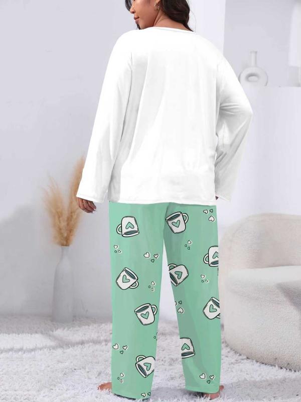 Plus Size Heart Coffee Letter Print Comfortable 2-Piece Pajama Set, Long Sleeve Top & Pants, Casual Fitted Sleepwear for All Seasons
