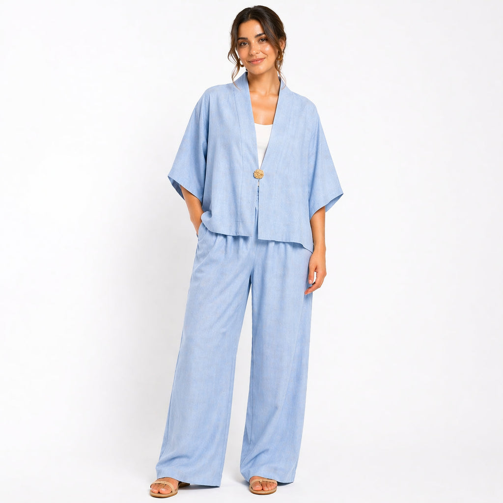 Ensemble femme oversize fluide 2 pièces – Kimono manches larges & pantalon taille élastique – Look chic confortableE