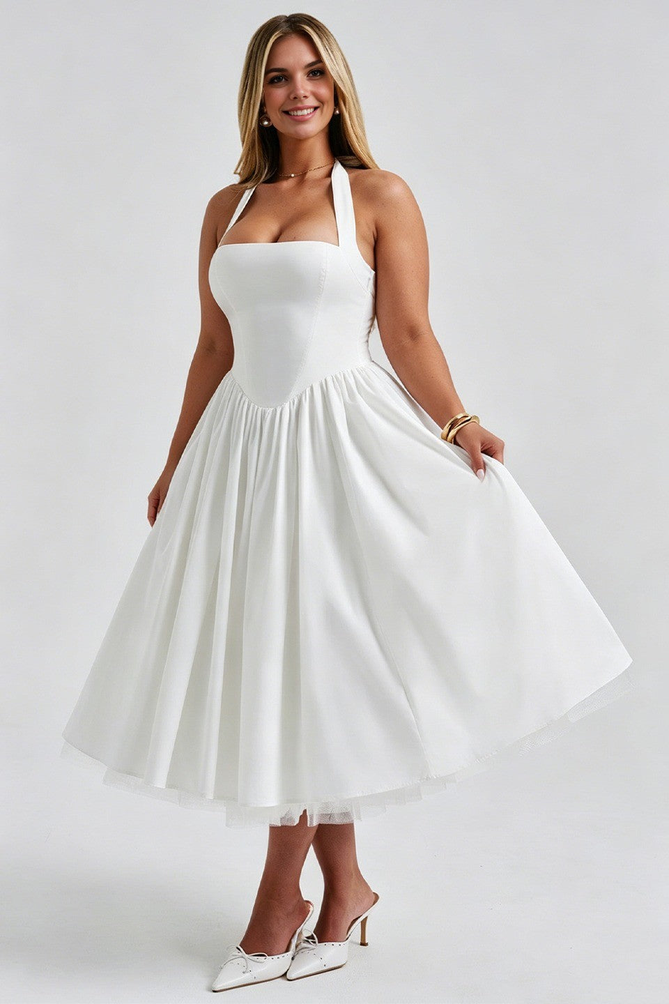 Curveins Plus Size Halter Neck Spaghetti Strap Sleeveless Puff Skirt Midi Dress