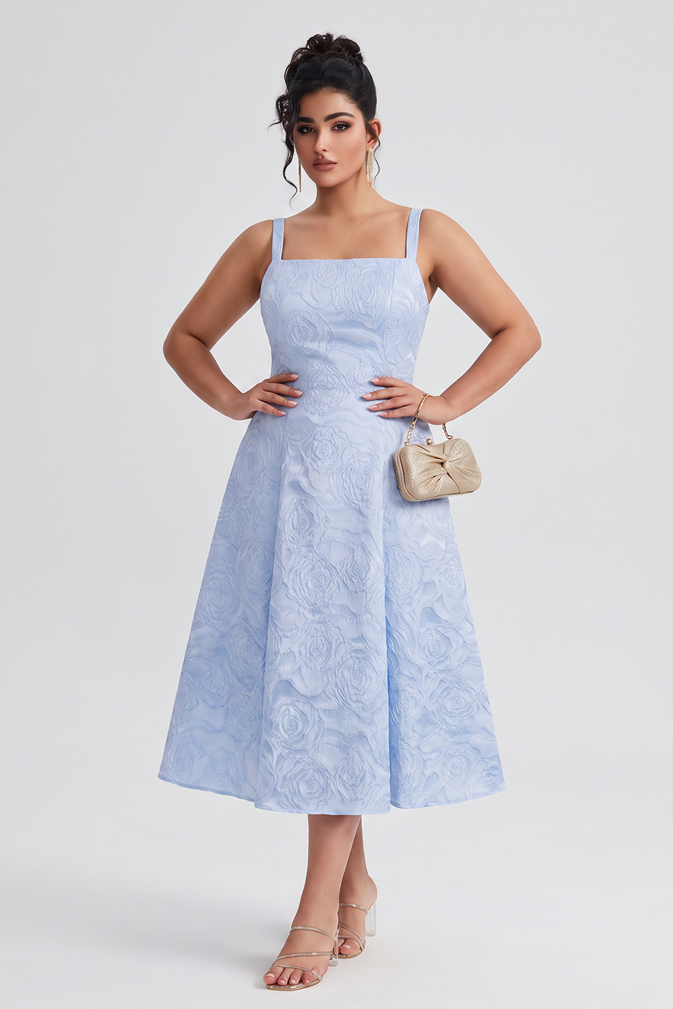 Curveins Plus Size Square Neck Sleeveless Spaghetti Strap Slim Fit Elegant Midi Dress
