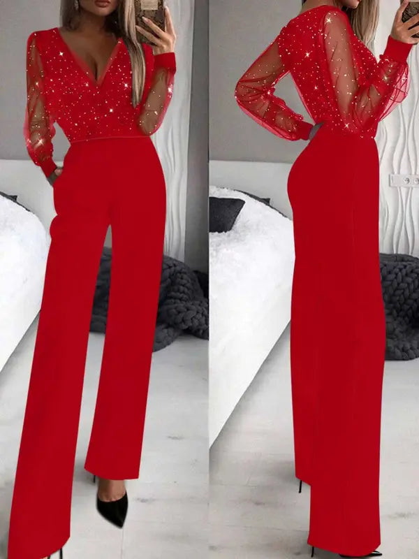 Women's fashionable and sexy black mesh sequin patchwork deep V-neck long-sleeved one-piece slimming wide-leg trousers, suitable for spring and autumn