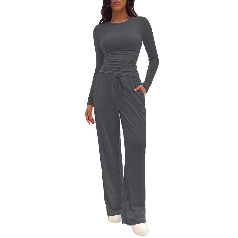 Women's Solid Ruched Drawstring Loungewear Set, Casual Long Sleeve Round Neck Top & Pocket Wide Leg Trousers, Ladies Sleepwear for All Seasons
