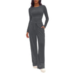 Women's Solid Ruched Drawstring Loungewear Set, Casual Long Sleeve Round Neck Top & Pocket Wide Leg Trousers, Ladies Sleepwear for All Seasons