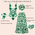 V Neck Green Printed Knotted at Waist Tummy Control One piece Swimsuit and Skirts or Pants