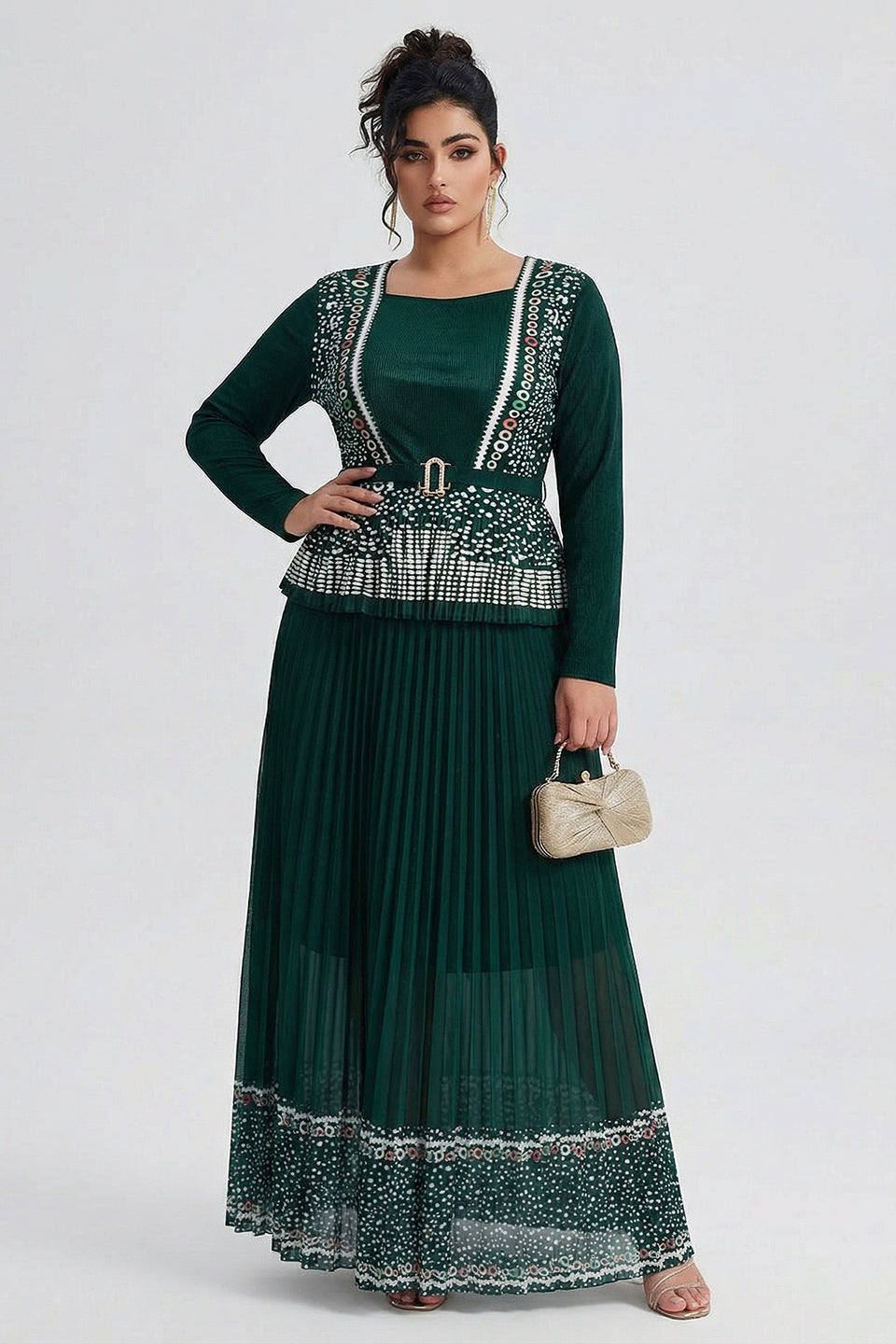 Curveins Plus Size Square Neck Long Sleeve Pleated Waist Maxi Dress
