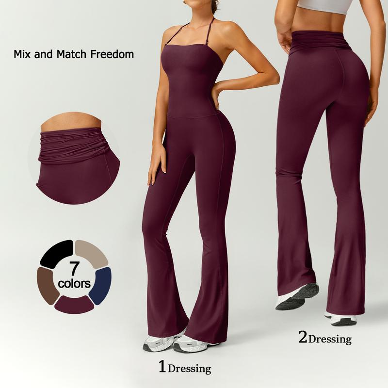 Women's Halter Neck Bodycon Flared Leg Jumpsuit – Stylish & Comfortable for Fitness & Fashion,Stylish & Comfortable Athleisure Outfit, Butt Lifting, High Waist Workout Gym Clothing Stretchable Activewear,jumpsuit women