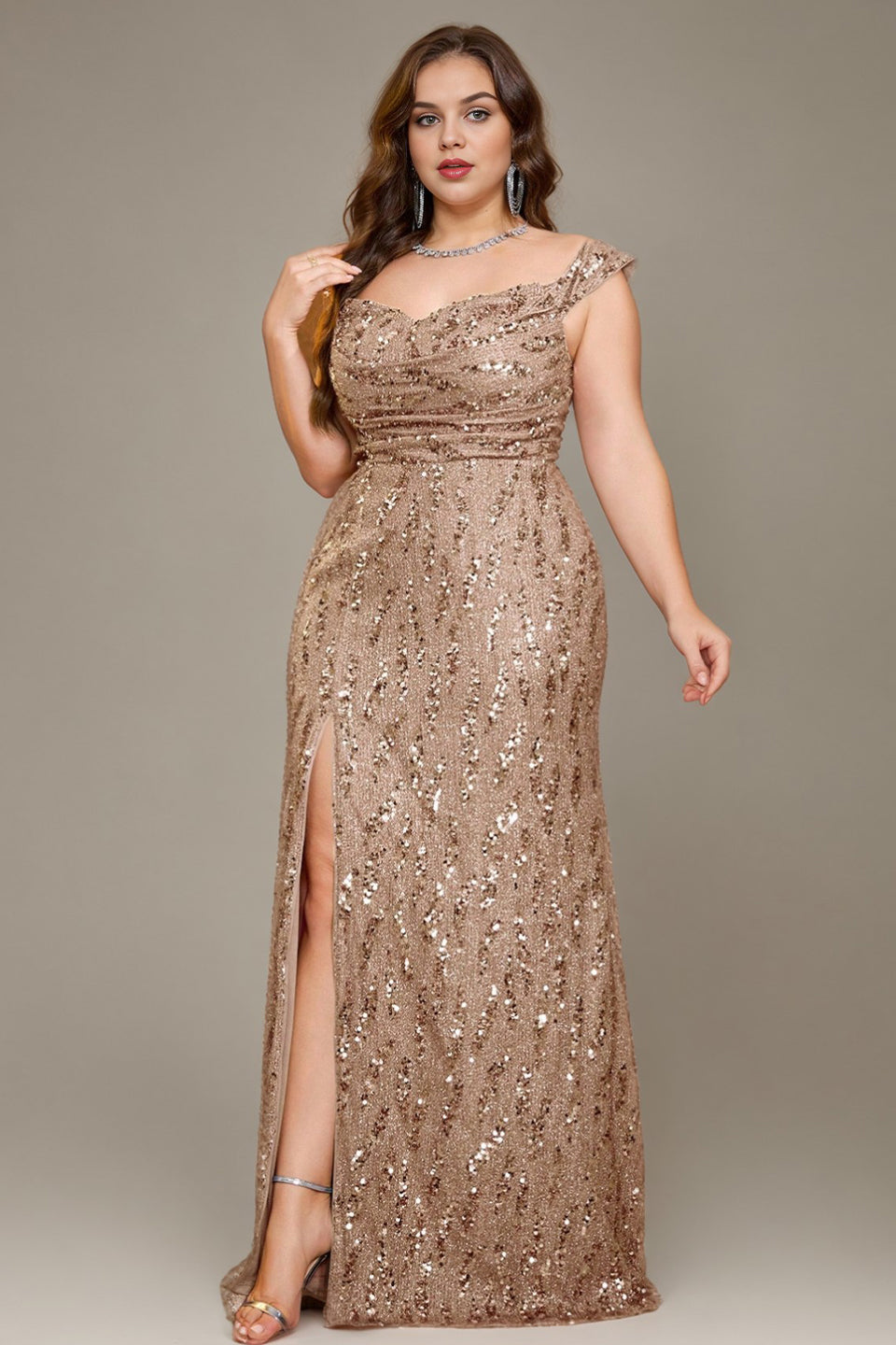 Curveins Plus Size V Neck Side Slit Spaghetti Strap Sequin Fitted Maxi Dress