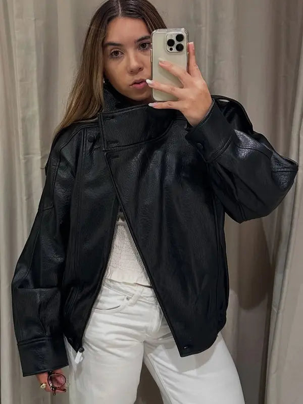 Black Faux Leather Jacket Stand Collar Oversized Moto Biker Jacket Elastic Hem Streetwear Casual Long Sleeve Waterproof Windproof Outerwear for Spring & Fall, Ladies Clothes for Daily Wear