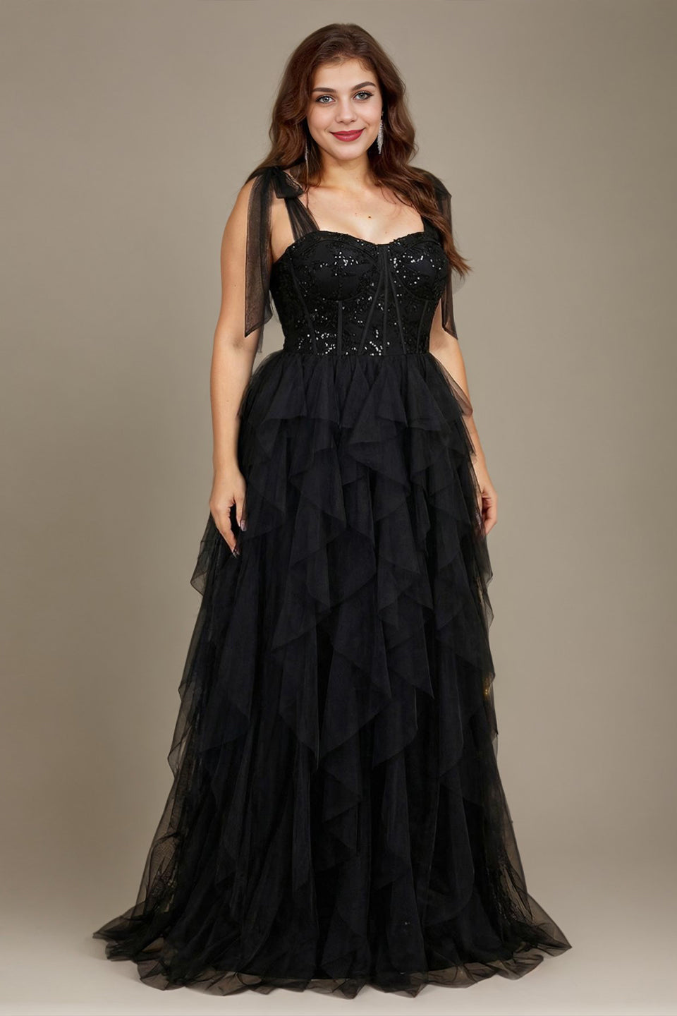 Curveins Plus Size V Neck Cami Tulle Overlay Sequin Patchwork Flattering Maxi Dress