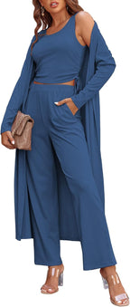 Women's 3 Piece Lounge Set Pajama Long Sleeve Cardigan Sleeveless Top Pants Sweatsuit