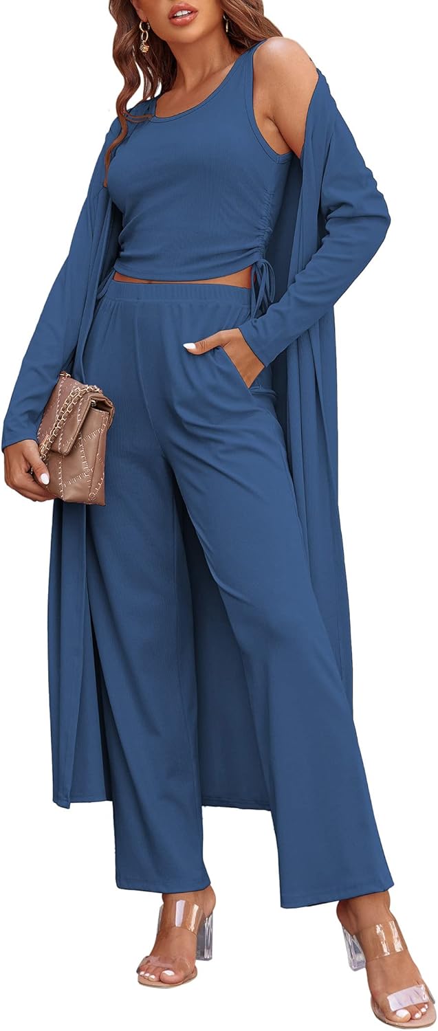 Women's 3 Piece Lounge Set Pajama Long Sleeve Cardigan Sleeveless Top Pants Sweatsuit