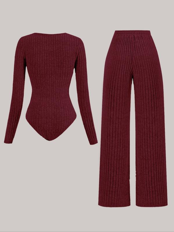 Women's Slim-Fit Solid Color Ribbed Fleece Jumpsuit Set, Wide Leg Pants, Fashionable Comfortable Fabric for Daily Wear