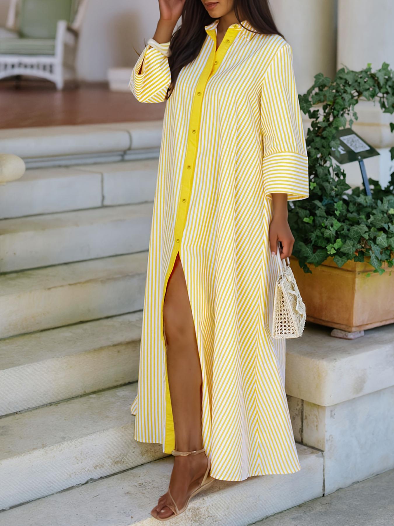 Elegant Women's Loose Collared Button Front Striped Shirt Dress