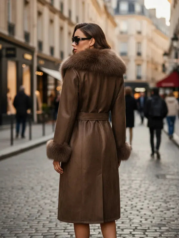 Women's Fall Winter Long Windproof Waterproof Jacket Coat, Comfortable Faux Fur Collar, Thick PU Leather, Slim Fit with Belted Design