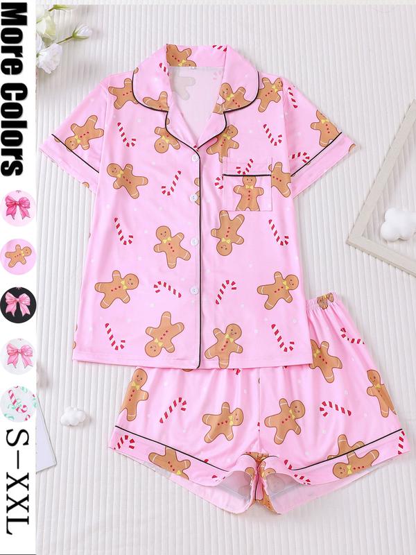 Women's Christmas Pajama Set, Santa Cookie Print, Short Sleeve Button-up Top & Elastic Shorts, Casual All-season Sleepwear, Christmas Pyjamas, Loungewear