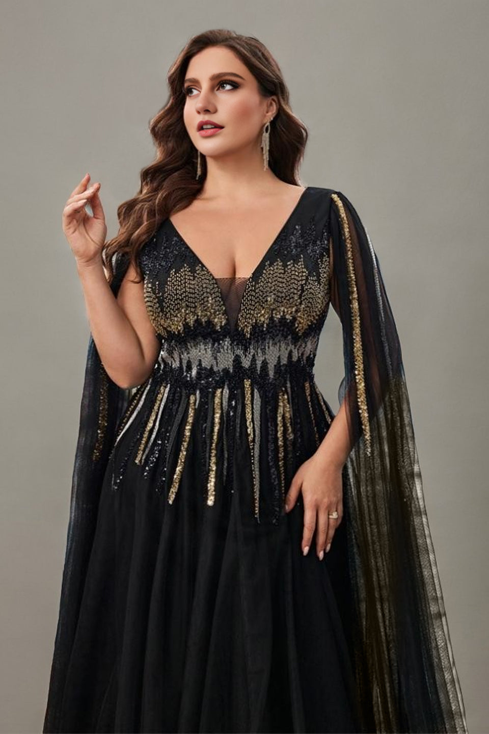Curveins Plus Size V-Neck Waist-Defining Sequin Maxi Dress
