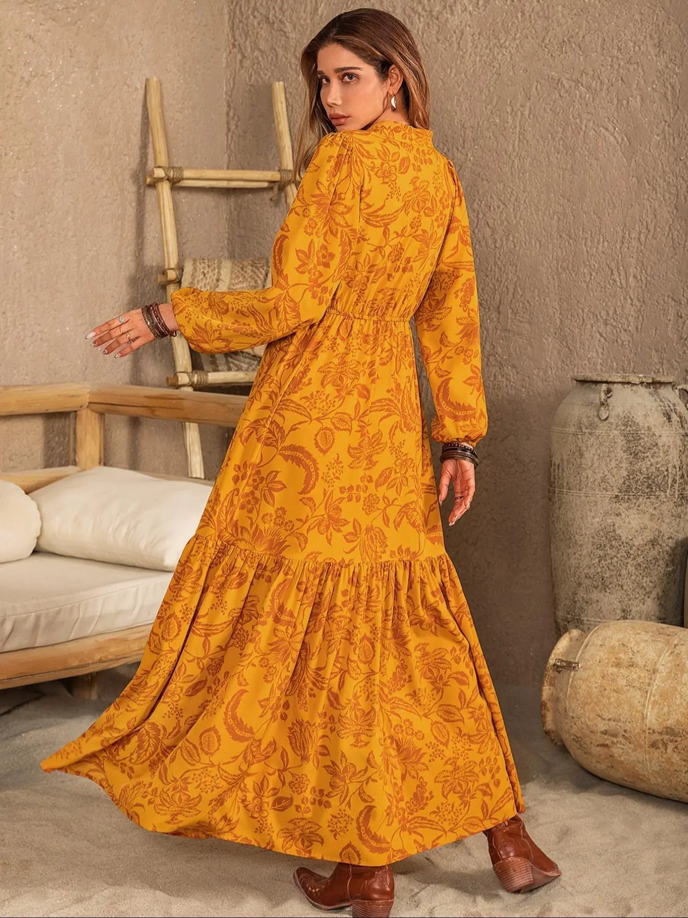 Women's Western Style Floral Print Embroidered Trim Bishop Long Sleeve Notched Neck A-line Long Vintage Dress, Dresses for Women
