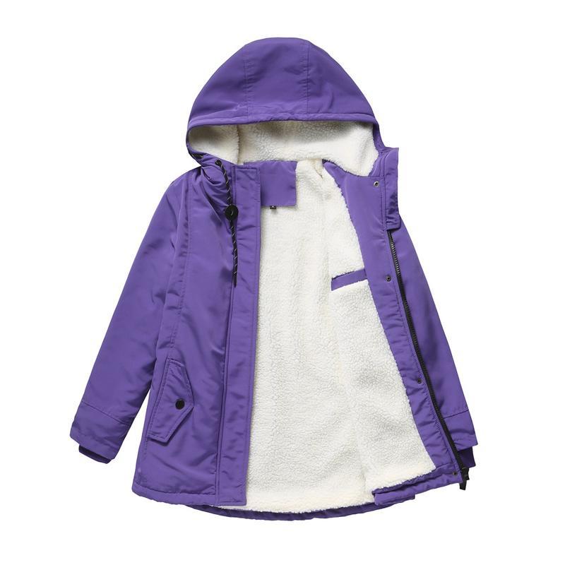 Winter Thickened Cotton Parka with Fleece Lining Hooded Warm Coat Mid-Length Women's Fitted Long Sleeve Outerwear Black Imitation Fur Tops for Casual Basic Minimalist Womenswear Elegance Style - Jackets