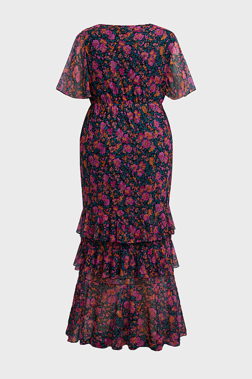 Curveins Plus Size V-Neck Batwing Sleeve Printed Maxi Dress with Ruched Detail