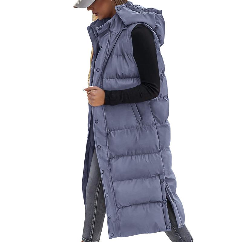 Women's Long Puffer Vest with Quilted Hood and Button Down Closure for Winter Coat 2025 - Tops, Womenswear