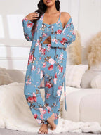 [Plus Size] Three-Piece Set Floral Print Belted Lounge Robe & Cami Top & Elastic Waist Pants Pyjama Set