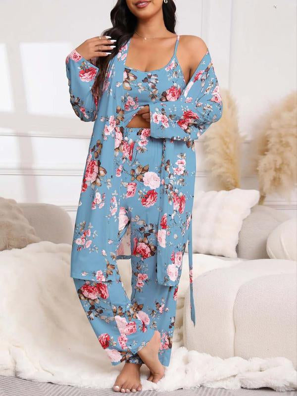 [Plus Size] Three-Piece Set Floral Print Belted Lounge Robe & Cami Top & Elastic Waist Pants Pyjama Set