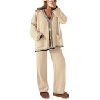 Women's 2 Piece Set Winter Knit Outfits Matching Loungewear Long Sleeve V Neck Cardigan Sweaters Wide Leg Pants Tracksuits