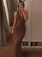 Women's Solid Backless Halter Neck Bodycon Dress