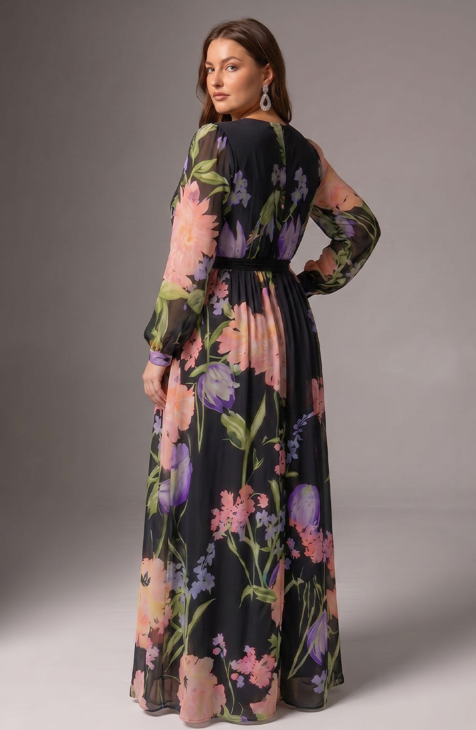 Curveins Plus Size V Neck Floral Long Sleeve Waist Tie Elegant Maxi Dress