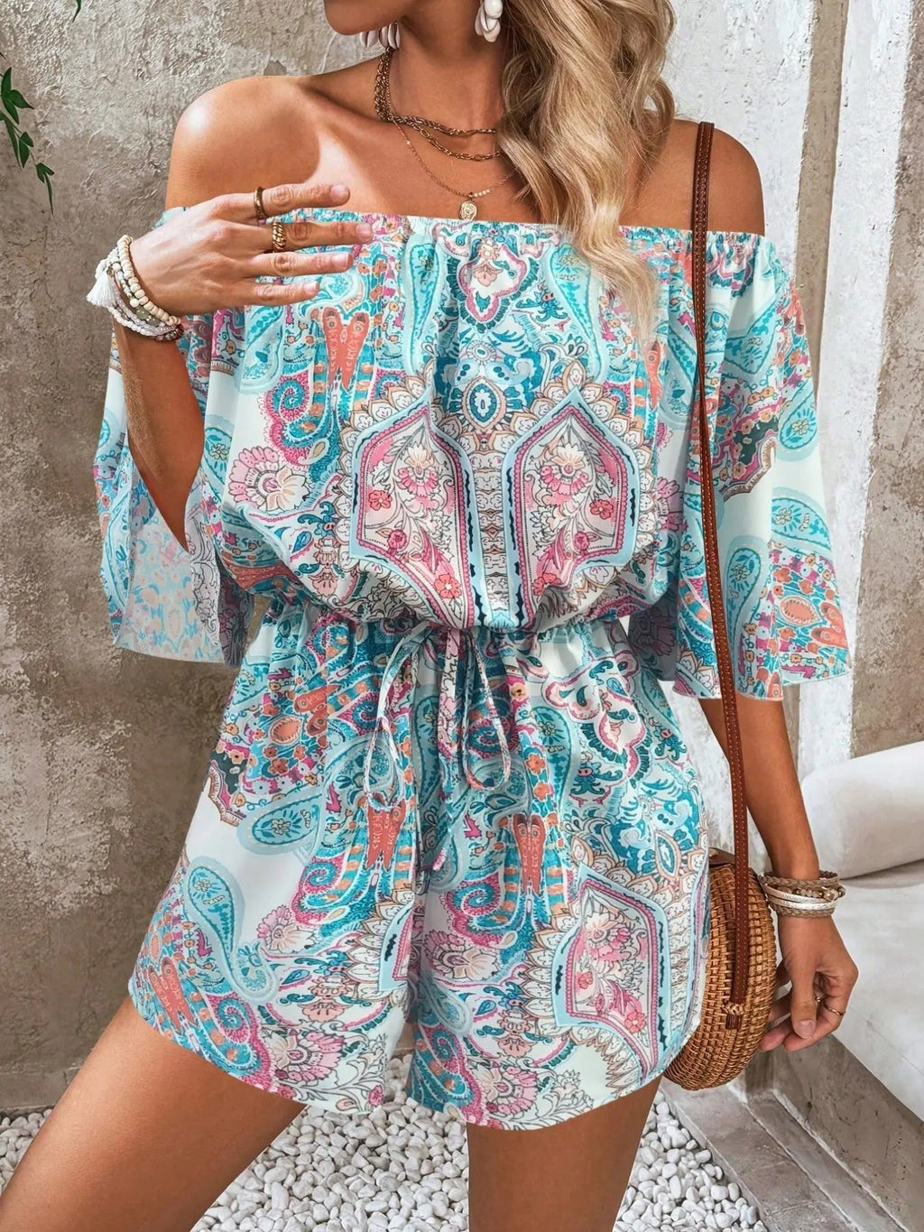 Women's Leaf Print Off Shoulder Tie Front Romper, Casual Flounce Sleeve Romper for Summer, Fashion Women's Clothing for Beach Holiday Vacation