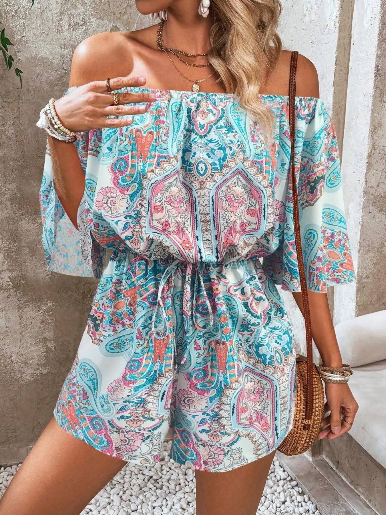 Women's Leaf Print Off Shoulder Tie Front Romper, Casual Flounce Sleeve Romper for Summer, Fashion Women's Clothing for Beach Holiday Vacation