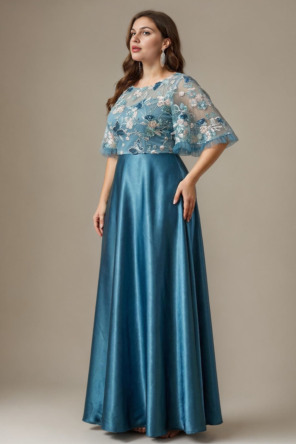 Curveins Plus Size Round Neck Batwing Sleeve Ruffle Patchwork Elegant Maxi Dress