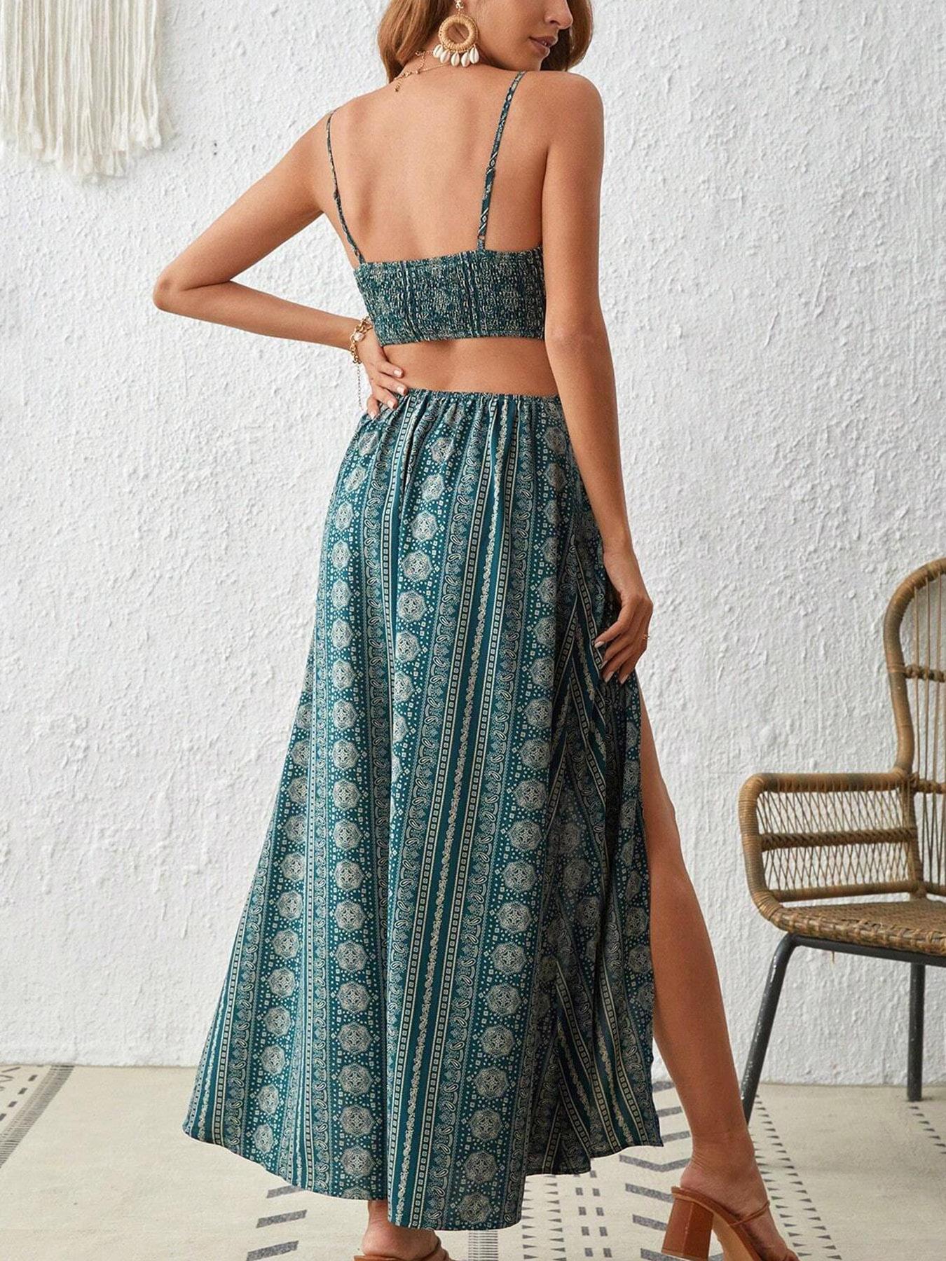 Women's Boho Striped Bodycon Dress, Split Thigh Backless Spaghetti Strap, Perfect for Beach Vacation & Layering